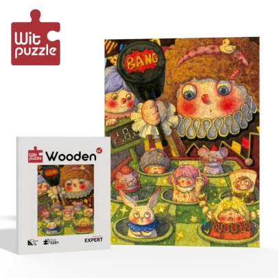 WitPuzzle "Whack-a-Mole" Wooden Irregular Puzzle – Fantasy Carnival Game Scene